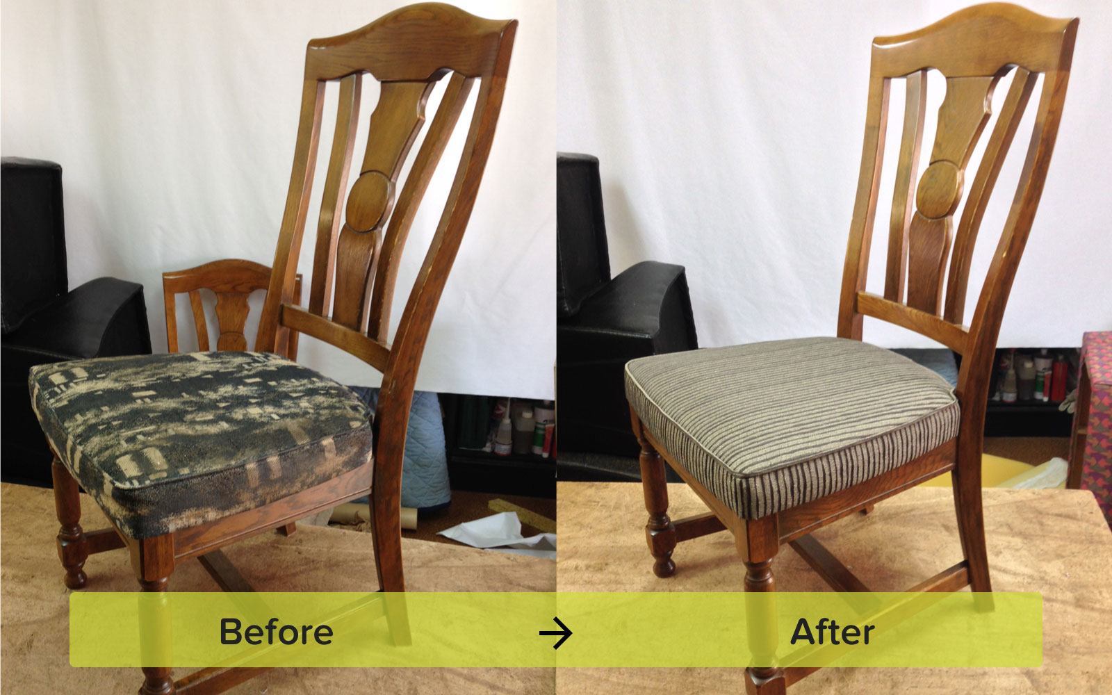 マチ付きのパイピングを施したダイニングチェアの張替え
