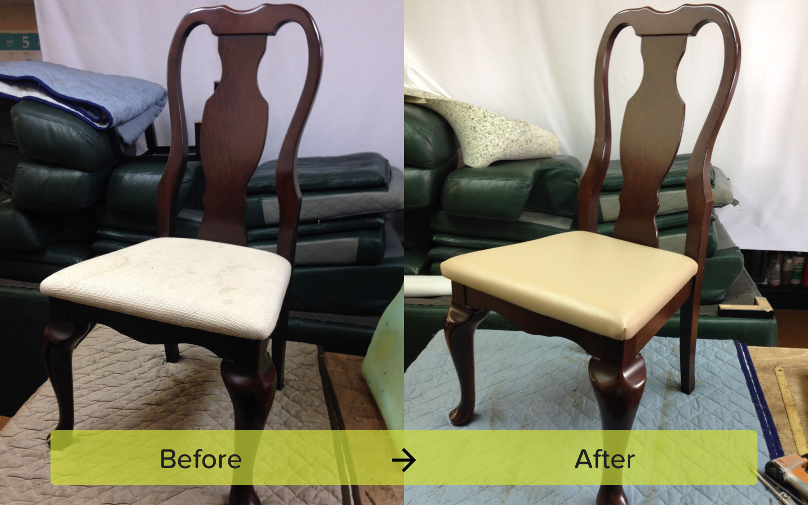 汚れが目立ちにくいビニールレザーに張替えたダイニングチェア